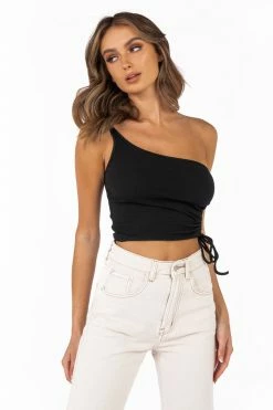 DISSH Boutiques BRIDGET ONE SHOULDER BLACK KNIT TOP TOPS