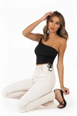 DISSH Boutiques BRIDGET ONE SHOULDER BLACK KNIT TOP TOPS