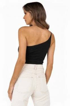 DISSH Boutiques BRIDGET ONE SHOULDER BLACK KNIT TOP TOPS