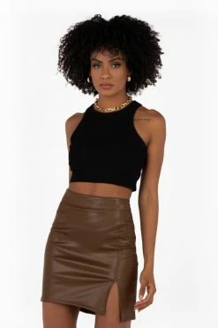 DISSH Boutiques SNDYS CHOCOLATE FAUX LEATHER SKIRT KNITTED