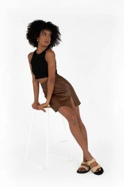 DISSH Boutiques SNDYS CHOCOLATE FAUX LEATHER SKIRT KNITTED