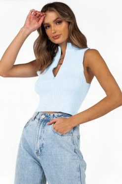 DISSH Boutiques KIRBY BLUE HIGH NECK KNIT TOP KNITTED