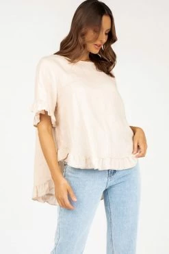 DISSH Boutiques ONE DAY ALMOND LINEN DROP FRILL TOP