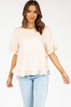 DISSH Boutiques ONE DAY ALMOND LINEN DROP FRILL TOP