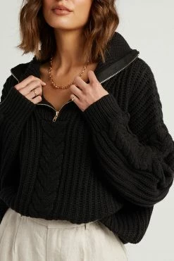 DISSH Boutiques BARNETT BLACK CABLE ZIP FRONT KNIT