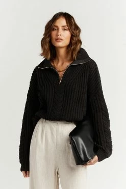 DISSH Boutiques BARNETT BLACK CABLE ZIP FRONT KNIT