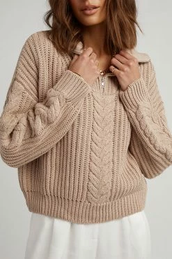 DISSH Boutiques SWEATERS BARNETT MOCHA CABLE ZIP FRONT KNIT