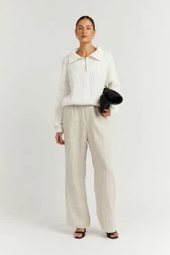 DISSH Boutiques SWEATERS BARNETT WHITE CABLE ZIP FRONT KNIT