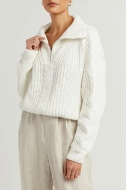 DISSH Boutiques SWEATERS BARNETT WHITE CABLE ZIP FRONT KNIT