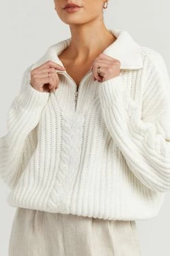 DISSH Boutiques SWEATERS BARNETT WHITE CABLE ZIP FRONT KNIT