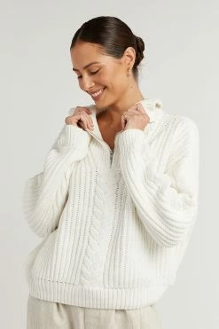 DISSH Boutiques SWEATERS BARNETT WHITE CABLE ZIP FRONT KNIT