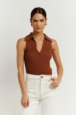 DISSH Boutiques FENTON TAN COLLARED KNIT TOP CLOTHING