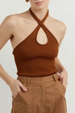 DISSH Boutiques CLOTHING TONI TAN HALTER KNIT TANK