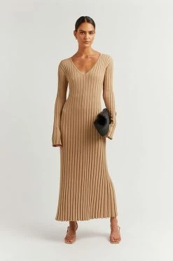 DISSH Boutiques REIGN WHEAT SLEEVED KNIT MIDI DRESS CLOTHING