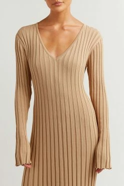 DISSH Boutiques REIGN WHEAT SLEEVED KNIT MIDI DRESS CLOTHING