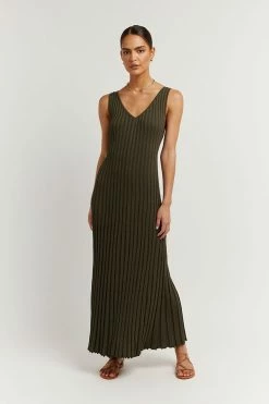 DISSH Boutiques KAT OLIVE V NECK KNIT DRESS