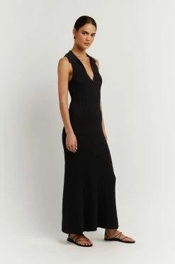 DISSH Boutiques FENTON BLACK COLLARED MIDI DRESS CLOTHING