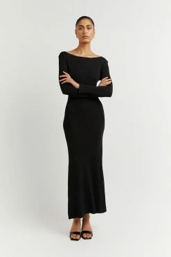 DISSH Boutiques ARIA BLACK KNIT SLEEVED MIDI DRESS