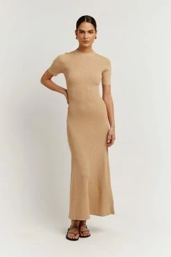 DISSH Boutiques DONNA WARM WHEAT SLEEVED MIDI DRESS CLOTHING