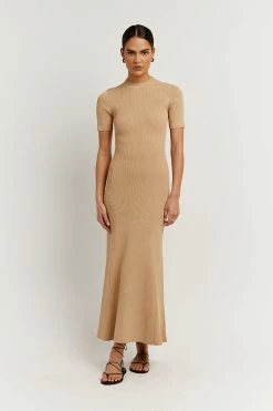 DISSH Boutiques DONNA WARM WHEAT SLEEVED MIDI DRESS CLOTHING