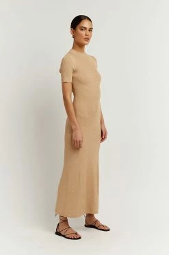 DISSH Boutiques DONNA WARM WHEAT SLEEVED MIDI DRESS CLOTHING