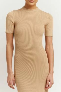 DISSH Boutiques DONNA WARM WHEAT SLEEVED MIDI DRESS CLOTHING