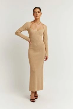 DISSH Boutiques STRIDE WARM WHEAT KNIT MIDI DRESS